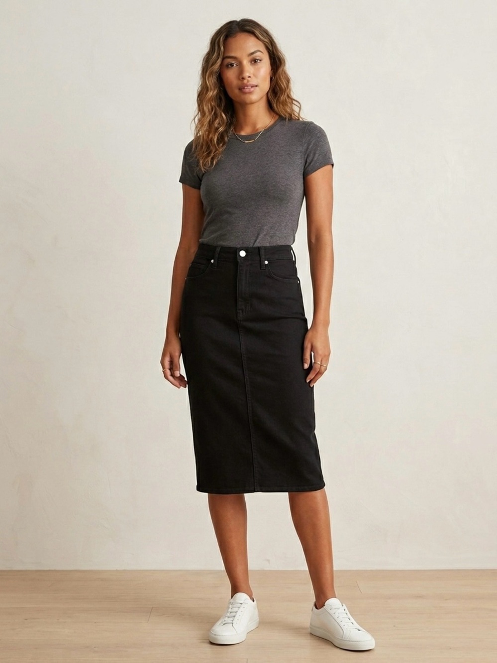 Good American Black Midi Pencil Skirt Size  Sleek & Professional Quiet Luxury M